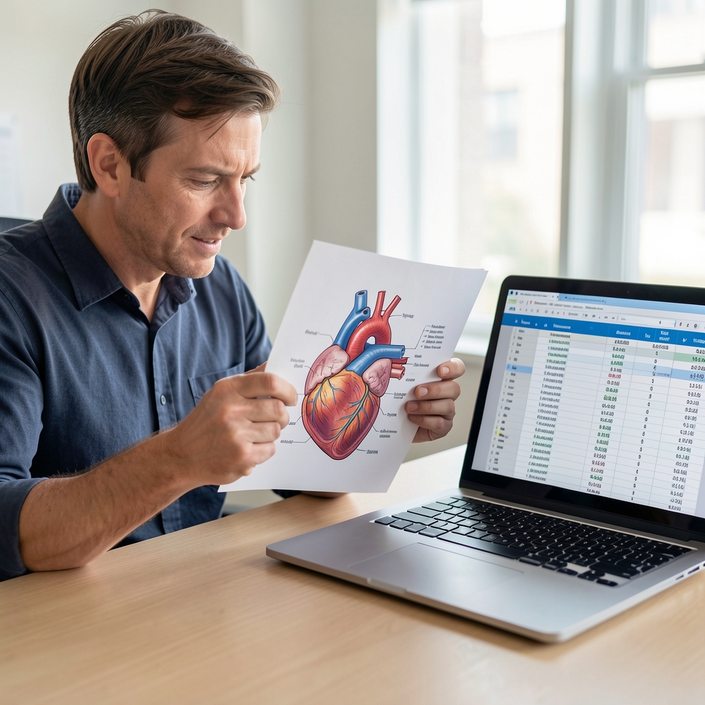 Physiology editor examining a printed diagram of the heart beside a laptop with a spreadsheet of study results