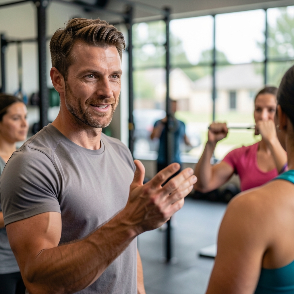 Strength coach in his forties explaining a carry exercise to a small group in a functional training studio