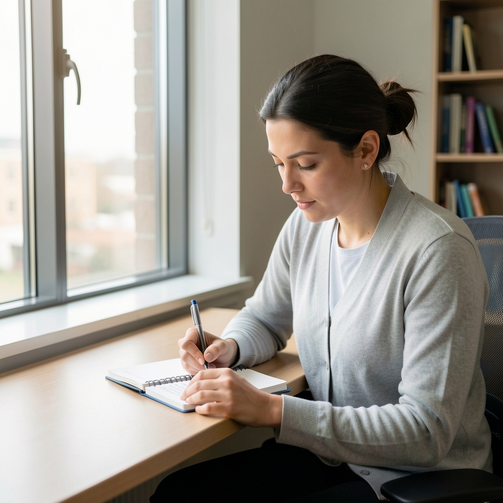 Recovery researcher writing sleep and workload observations in a notebook beside a window in a quiet office