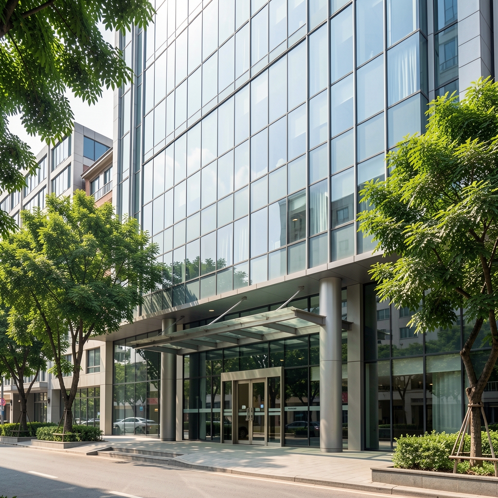 Modern office building entrance along Jalan Gatot Subroto in Jakarta Selatan with glass facade and trees at midday