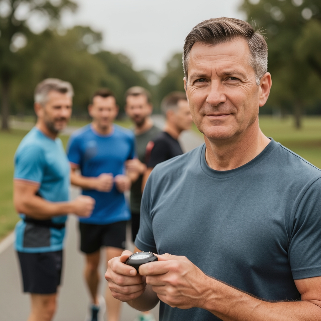 Group of men in their forties preparing for a timed outdoor walking test on a flat park path with a coach holding a stopwatch