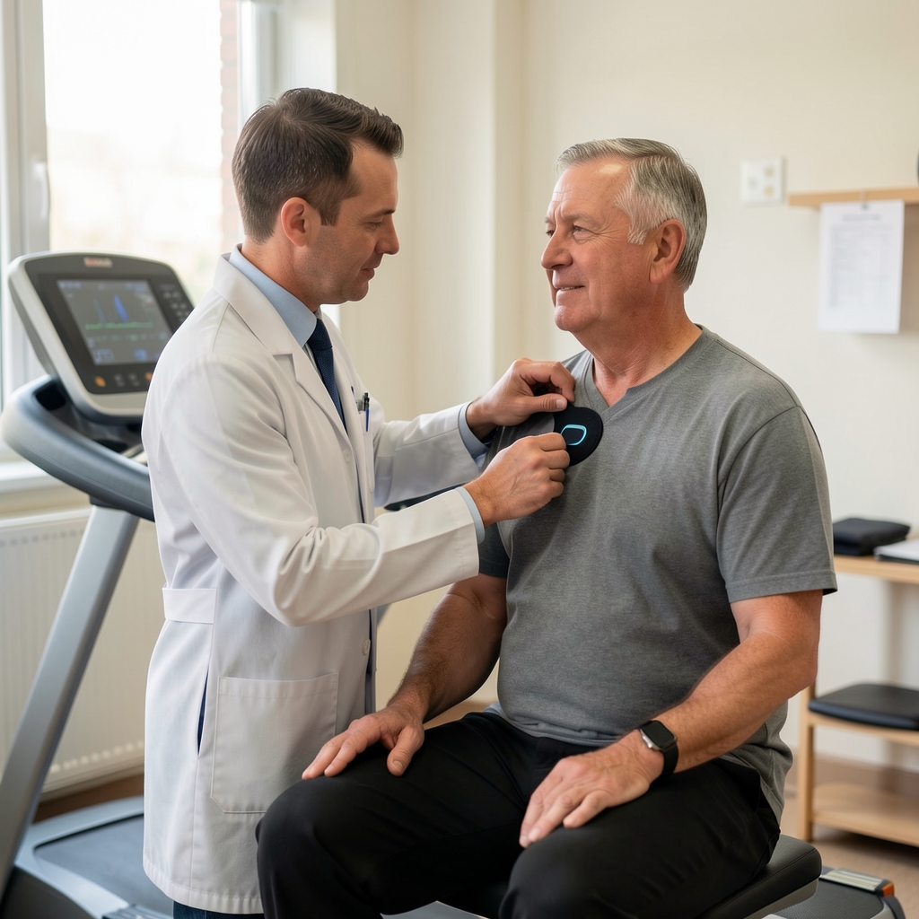 Physiologist adjusting a chest heart-rate strap on a seated middle-aged man before a treadmill assessment in a calm clinic room