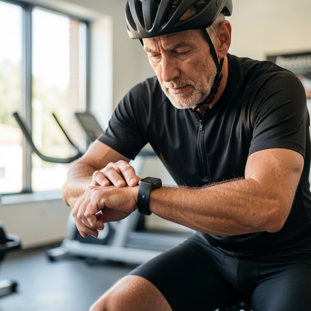 Close view of mature cyclist checking a simple heart-rate watch during an indoor training session