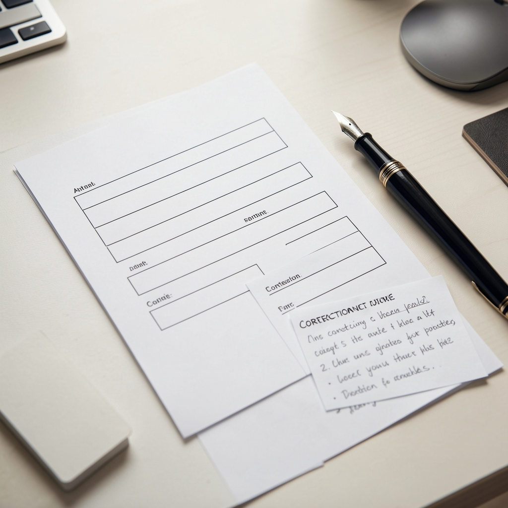 Close view of an editorial contact form, fountain pen, and printed correction notes on a clean desk