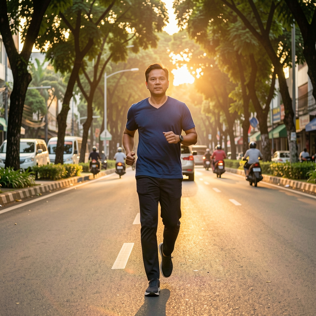 Man aged over thirty-five walking briskly at sunrise along a leafy Jakarta boulevard
