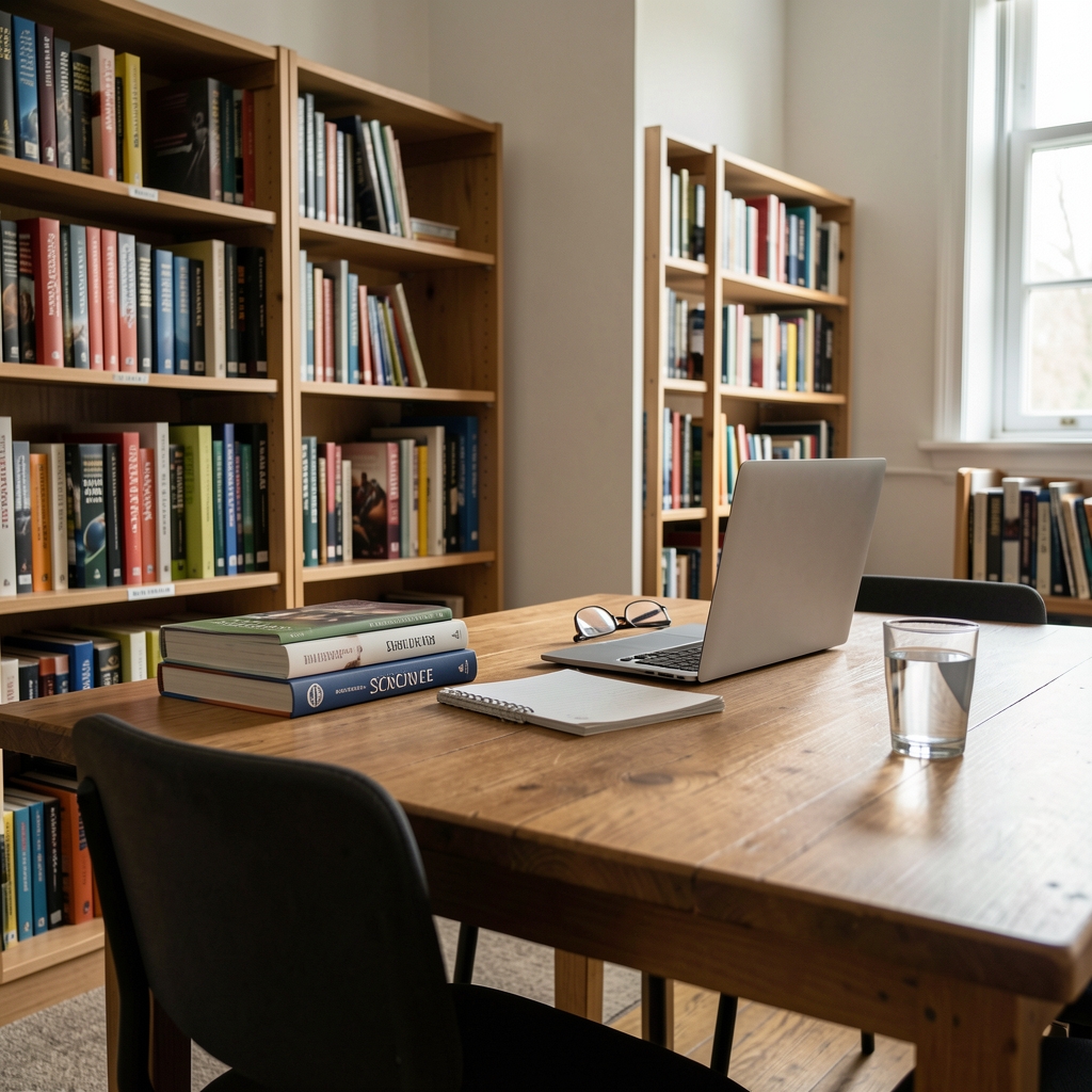 Quiet reading room with sports science books, a laptop, and a glass of water on a wooden table