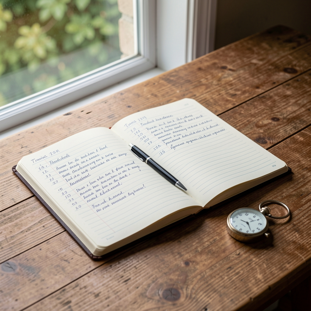 Open training notebook with dated handwritten entries, a pen and a simple stopwatch on a wooden table by a window