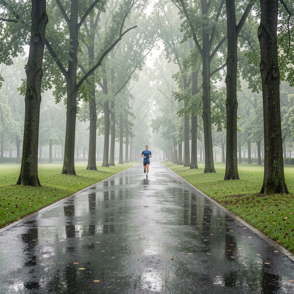 Wet running loop in a South Jakarta park after early morning rain with a lone runner in the distance under tall trees