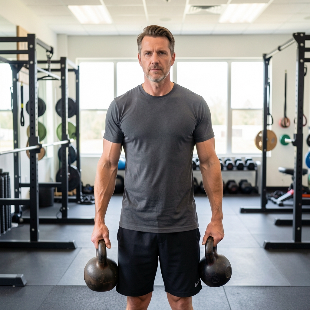 Man in his forties carrying two moderate kettlebells through a bright functional training studio