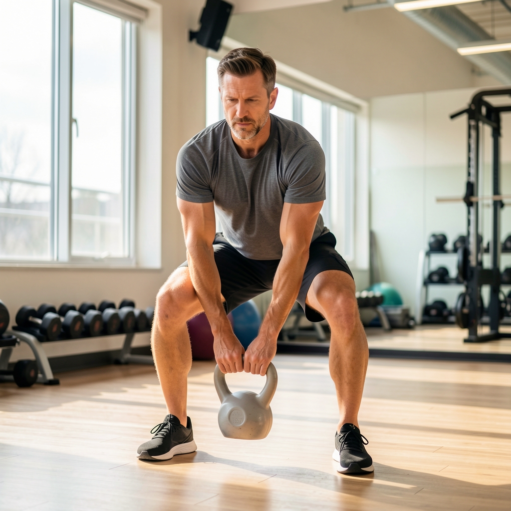 Man in his forties demonstrating a controlled hip hinge with a light kettlebell in a bright training studio