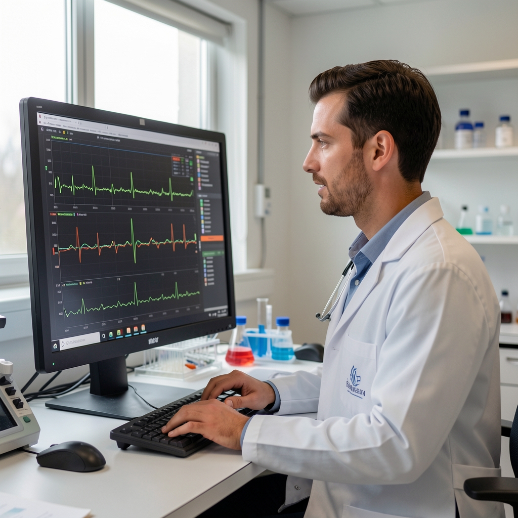 Sports physiology researcher reviewing heart-rate traces on a monitor in a calm, softly lit laboratory