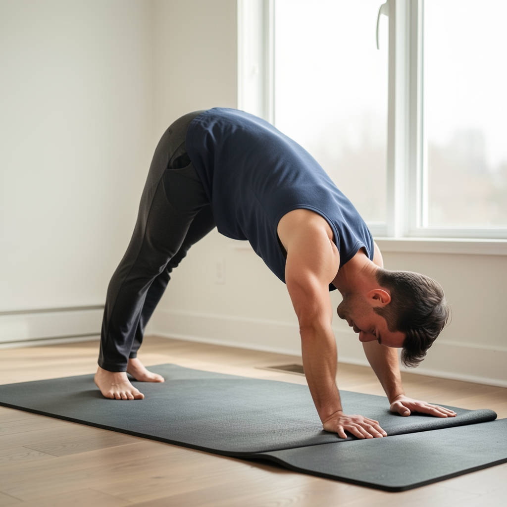 Man performing a deep hip mobility stretch on a rubber mat beside a window with natural daylight
