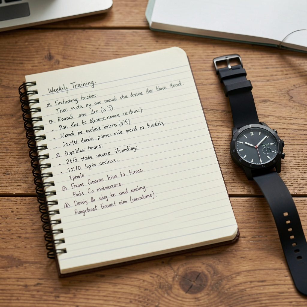 Notebook with handwritten weekly training notes and a simple sports watch resting on a wooden desk