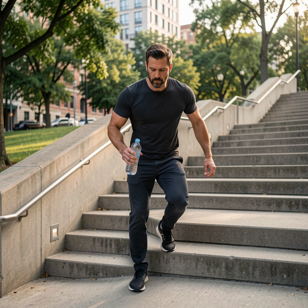 Man in his late thirties climbing outdoor concrete stairs in a city park with a water bottle in hand