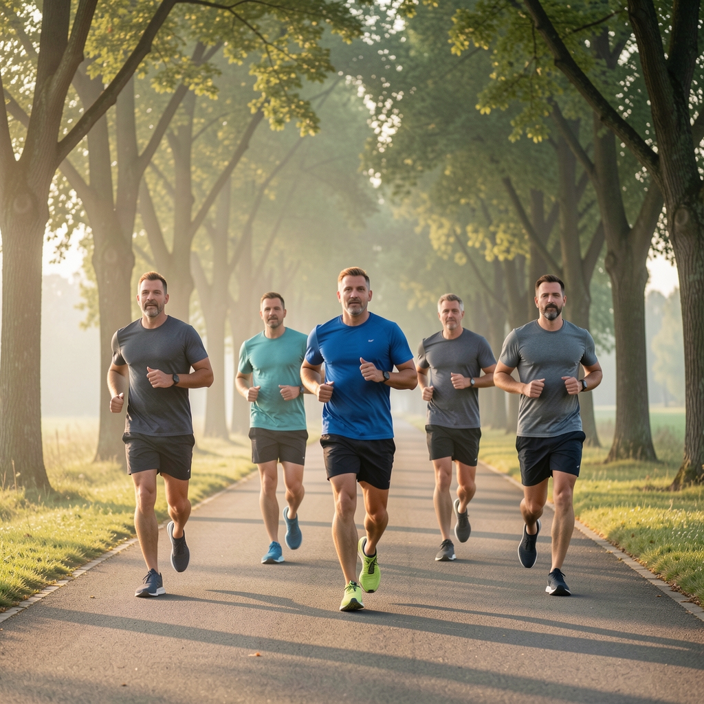 Group of men in their forties jogging at an easy pace along a tree-lined track in South Jakarta at early morning