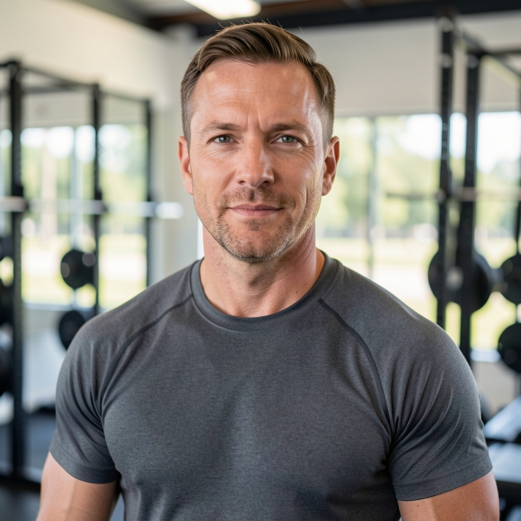 Portrait of a male strength coach in his forties standing in a bright functional training studio