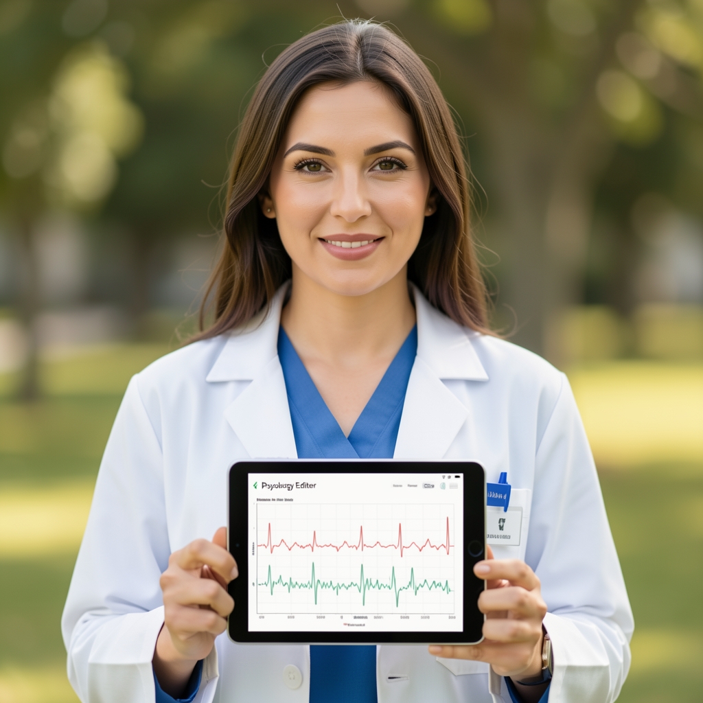 Portrait of a woman physiology editor in a lab coat holding a tablet with heart-rate charts