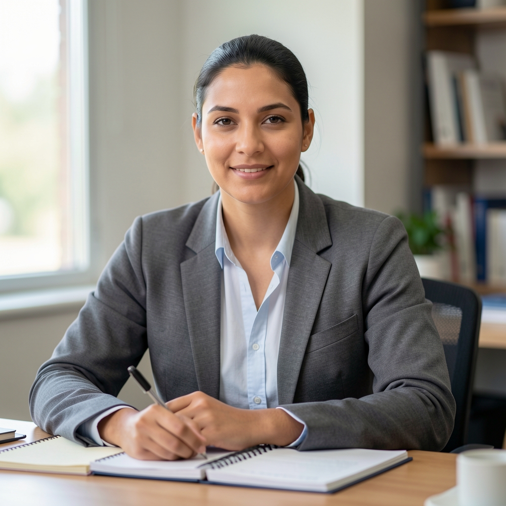 Portrait of a sleep and recovery researcher seated at a desk with notebooks in a quiet office