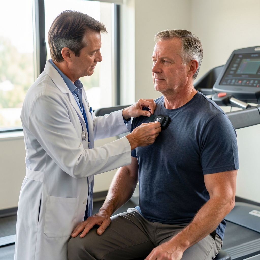 Physiologist fitting a chest heart-rate strap on a seated middle-aged man before a treadmill assessment