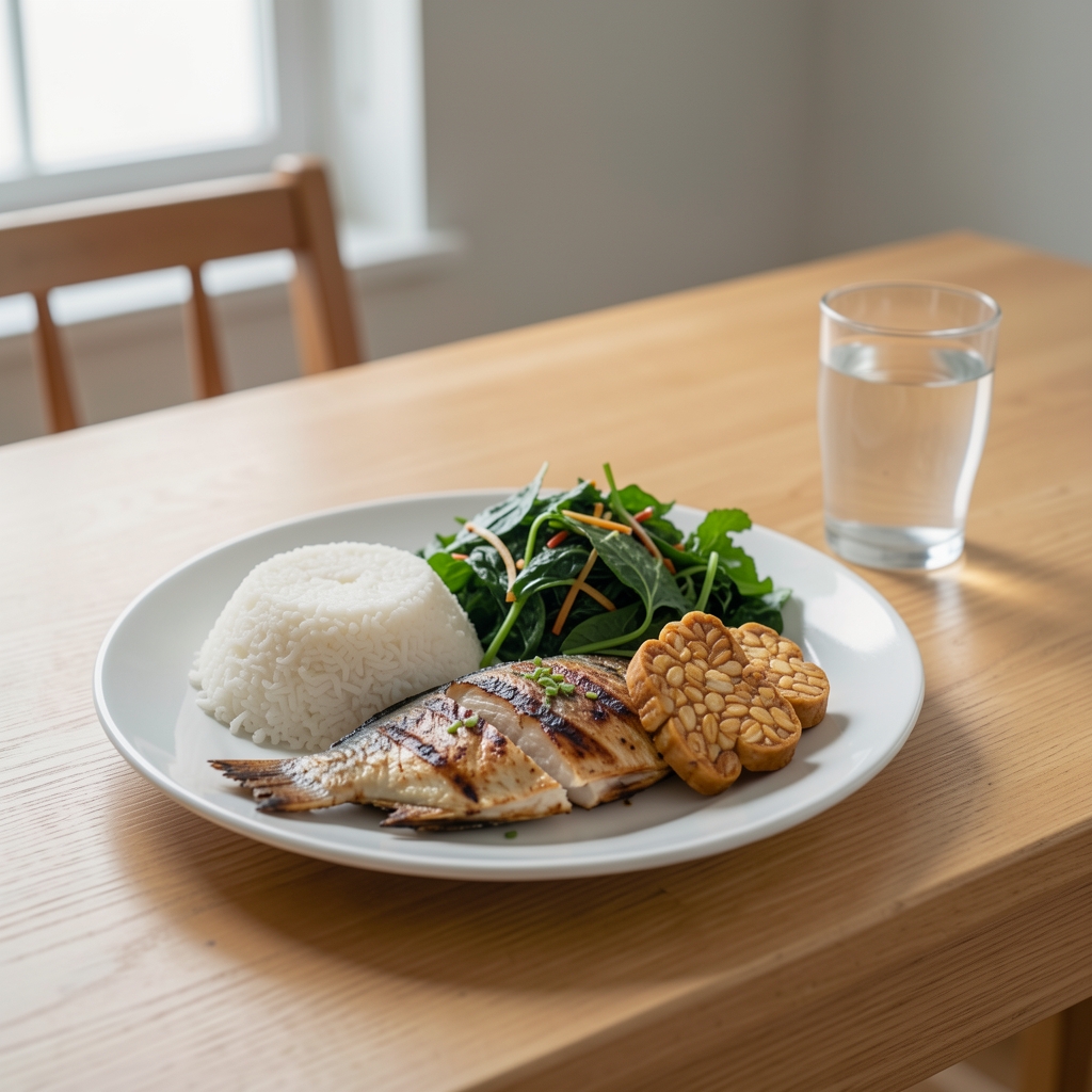 Balanced Indonesian meal with rice, grilled fish, greens, tempeh, and water on a simple dining table