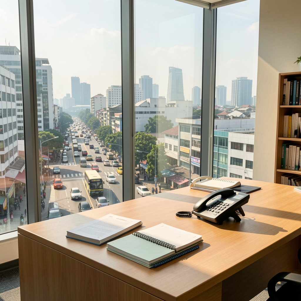 Sunlit editorial office overlooking Jakarta streets with notebooks and a telephone on a desk