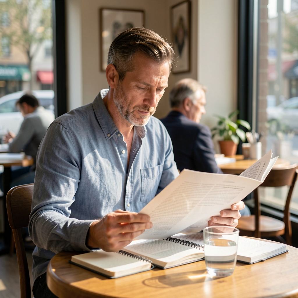 Man in his forties reading a printed article at a café table with a notebook and a glass of water in morning light