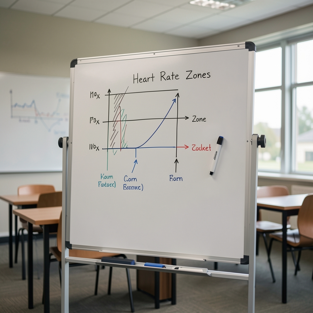 Whiteboard with a hand-drawn diagram of heart rate zones and a marker pen in a quiet teaching room