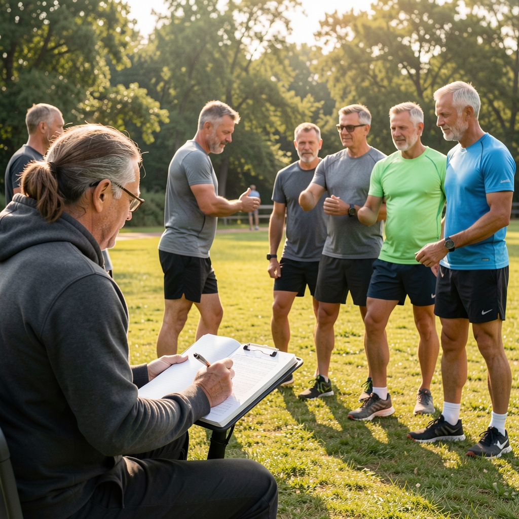 Journalist taking notes while watching a group of middle-aged men finish an easy outdoor training session