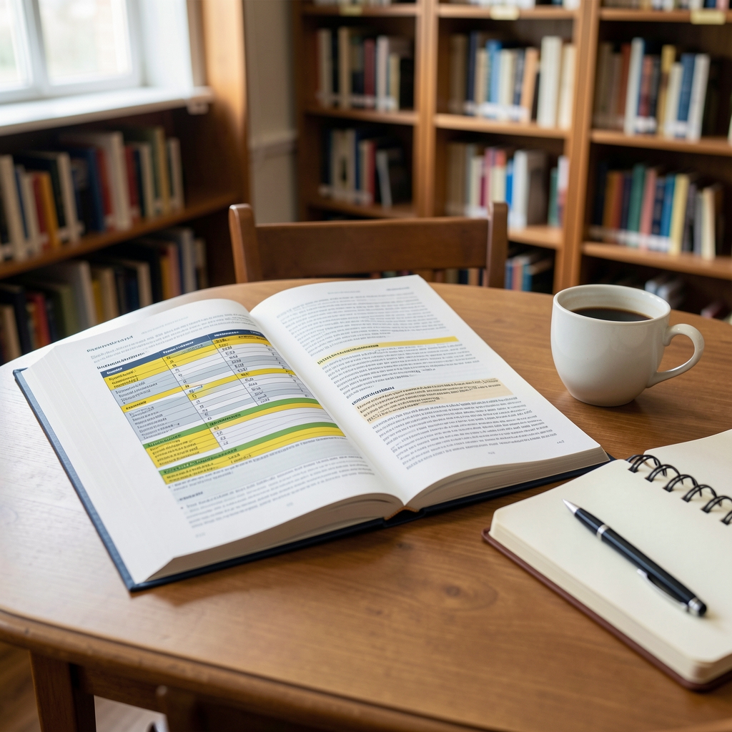Open scientific journal with highlighted tables and a coffee cup beside a notebook on a library desk