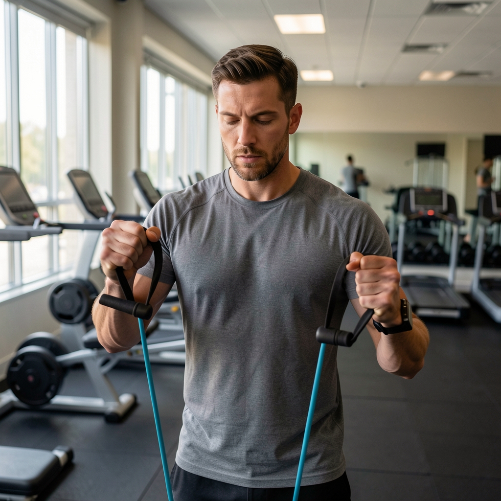 Focused man in his late thirties warming up with a resistance band in a quiet gym