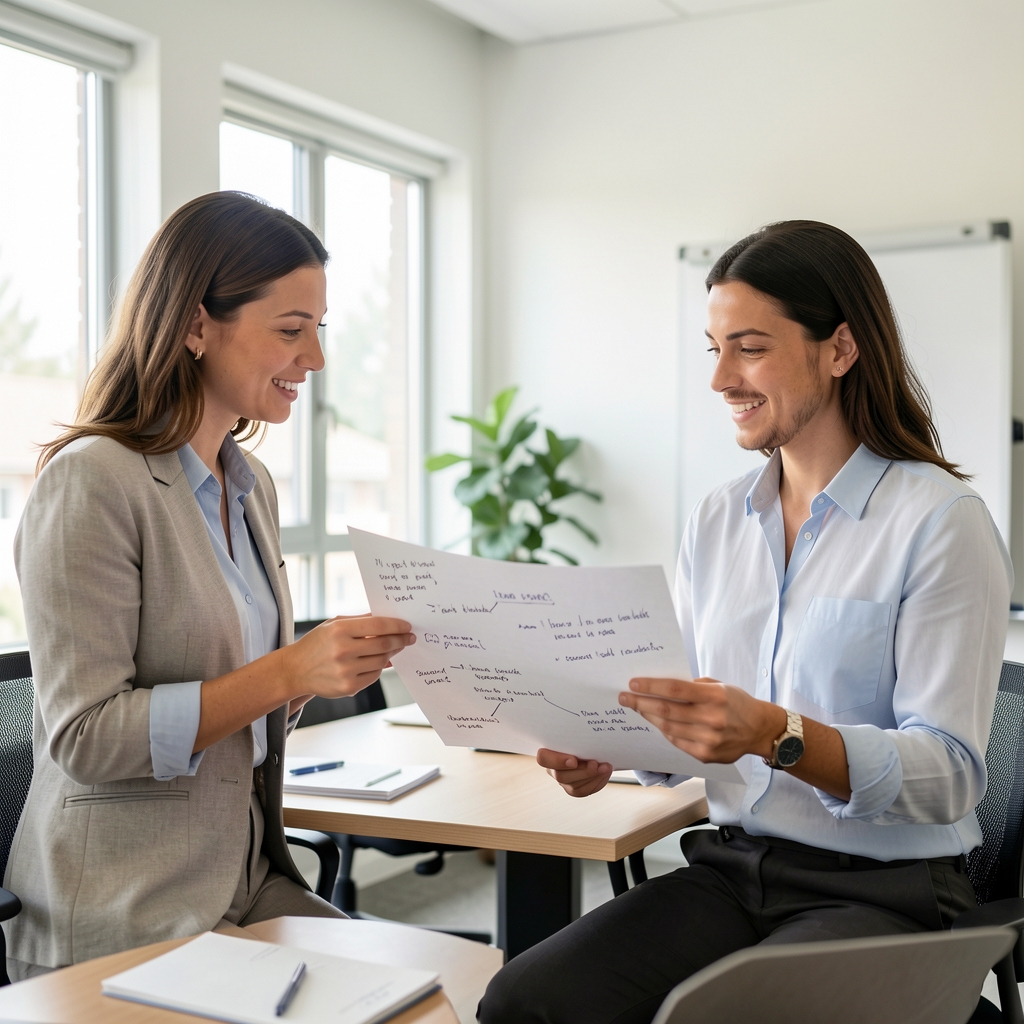 Two editors discussing a printed draft article with handwritten comments in a bright meeting room