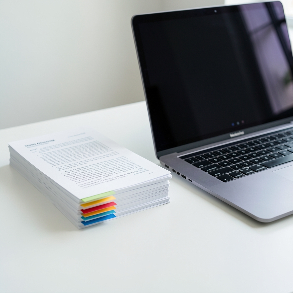 Stack of printed research papers with coloured tabs beside an open laptop on a clean white desk