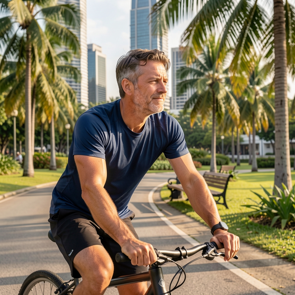 Man over thirty-five breathing calmly after a steady cycling session beside a tropical city park