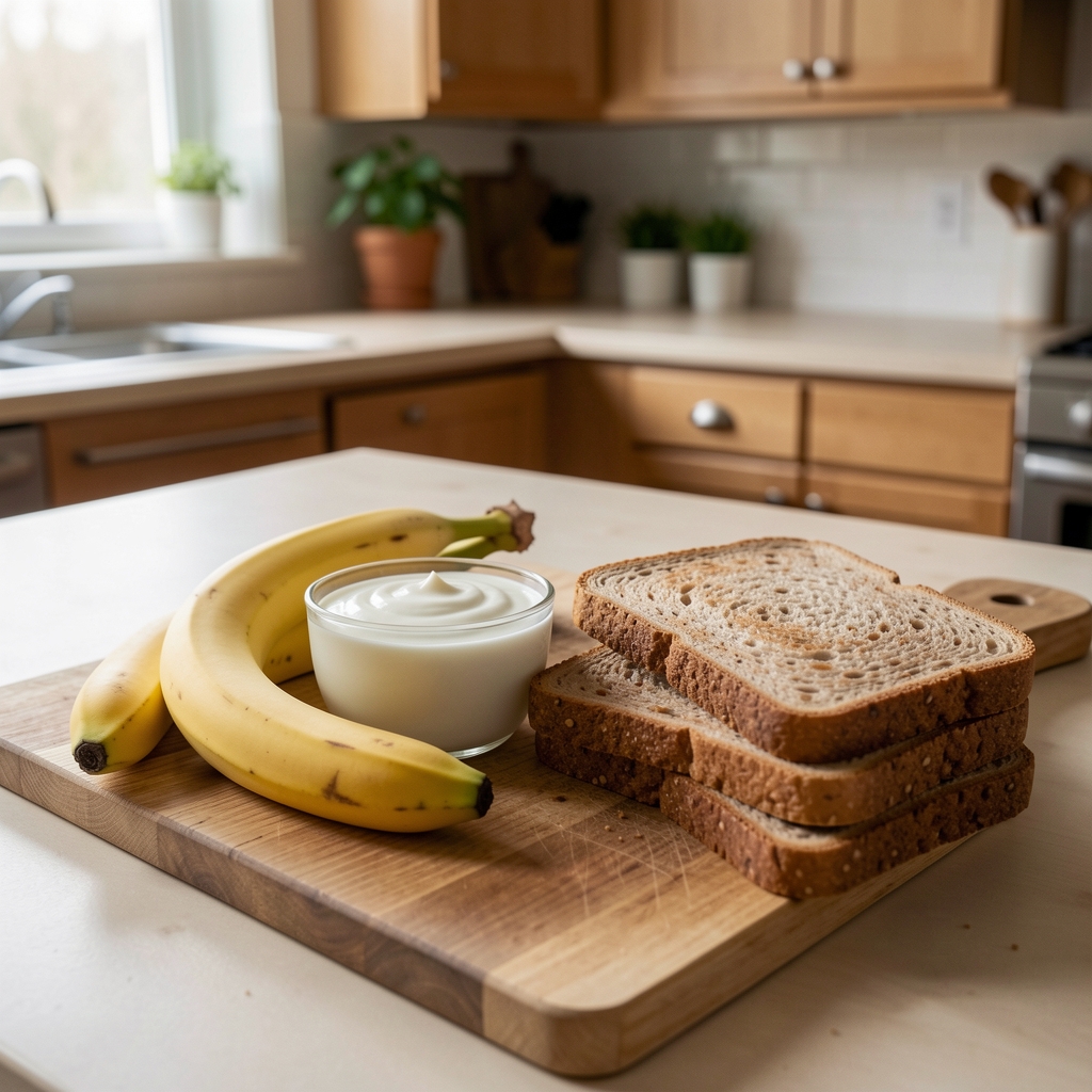 Banana, yogurt, and whole-grain toast arranged as a modest pre-training snack in a home kitchen