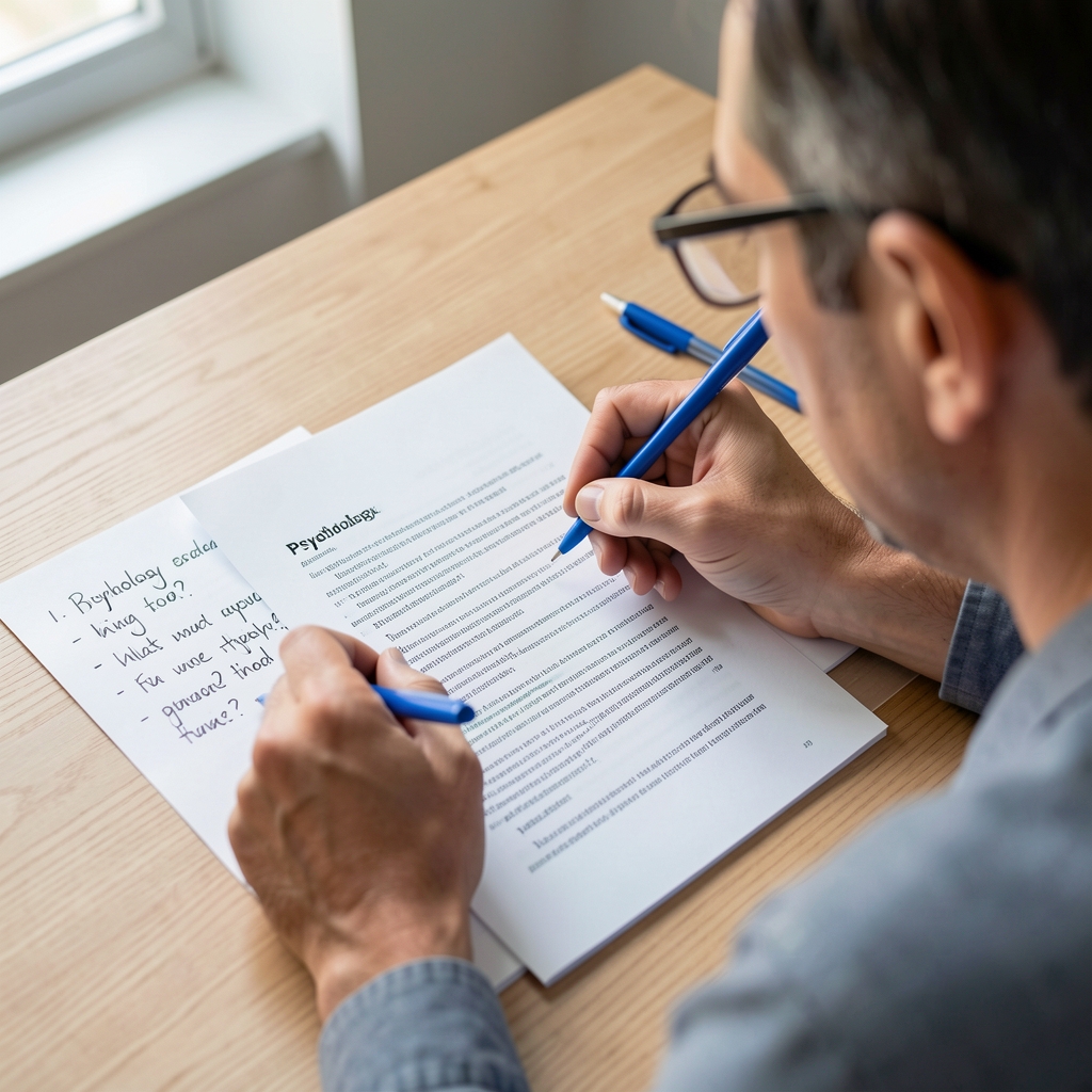 Adult reader highlighting a physiology article beside handwritten questions and a blue pen
