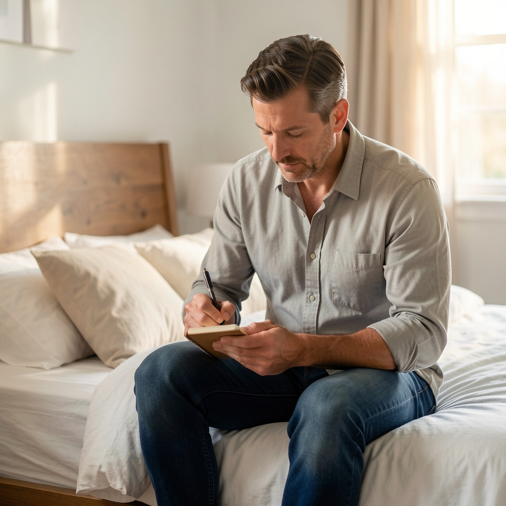Man in his forties sitting on the edge of a bed in soft morning light writing in a small notebook