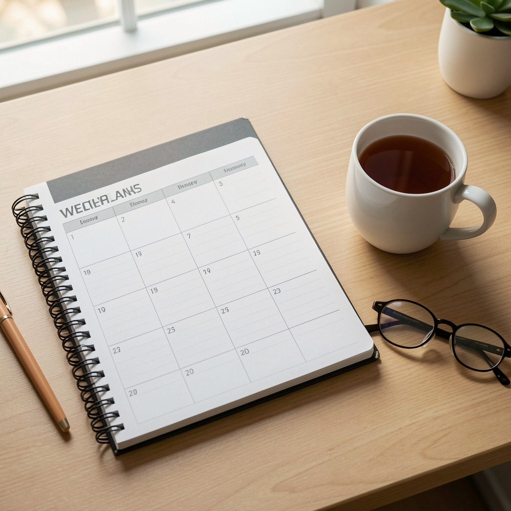 Weekly planner and training notebook laid out beside a cup of tea and reading glasses on a tidy desk
