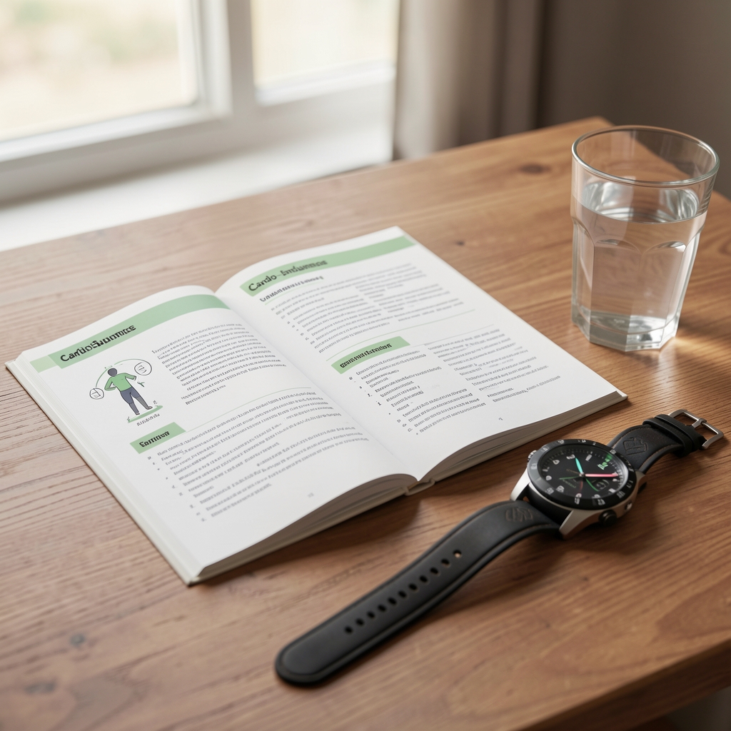 Printed cardio-endurance guide open on a table next to a sports watch and a glass of water