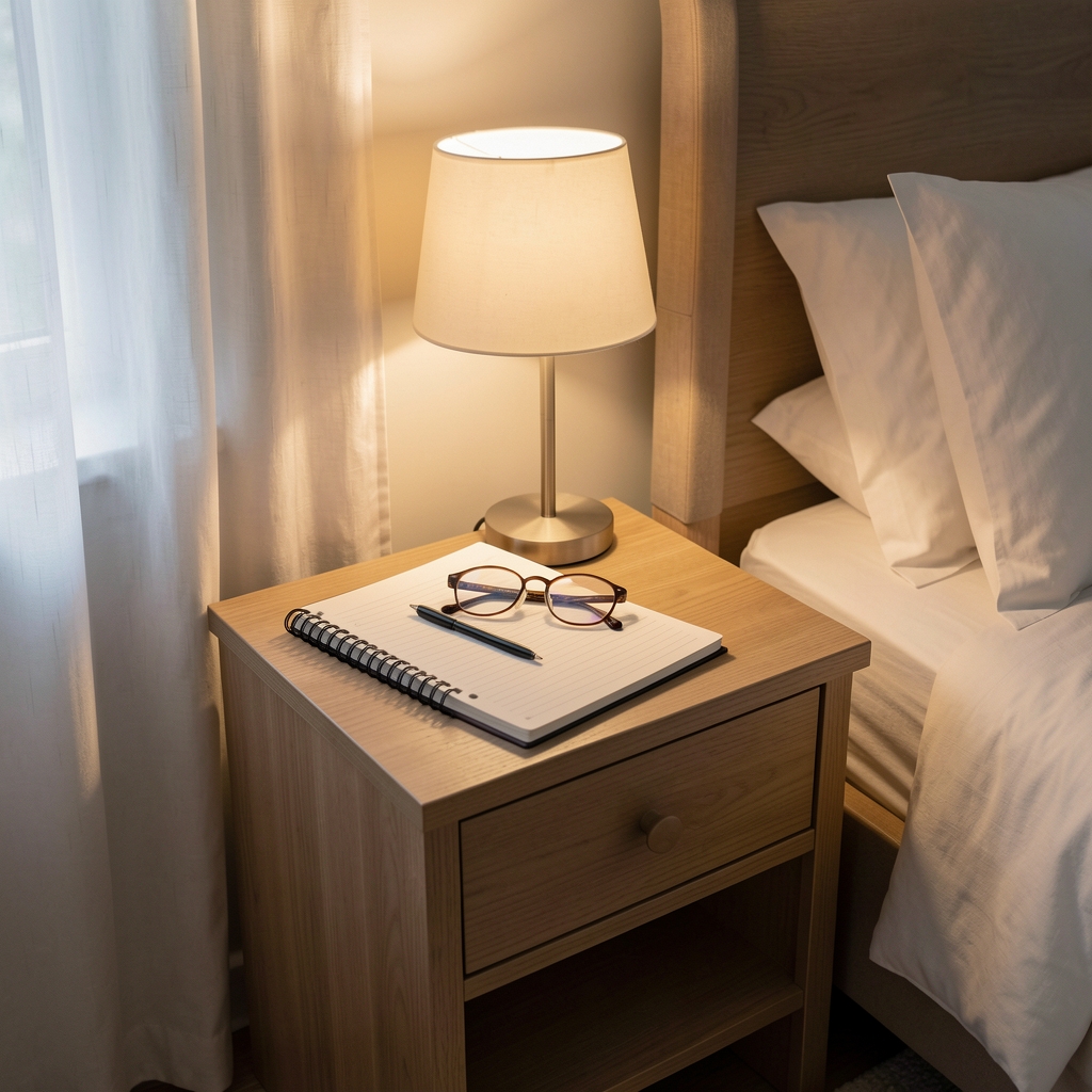 Bedside table with a notebook, glasses and a small lamp in a calm bedroom ready for evening notes