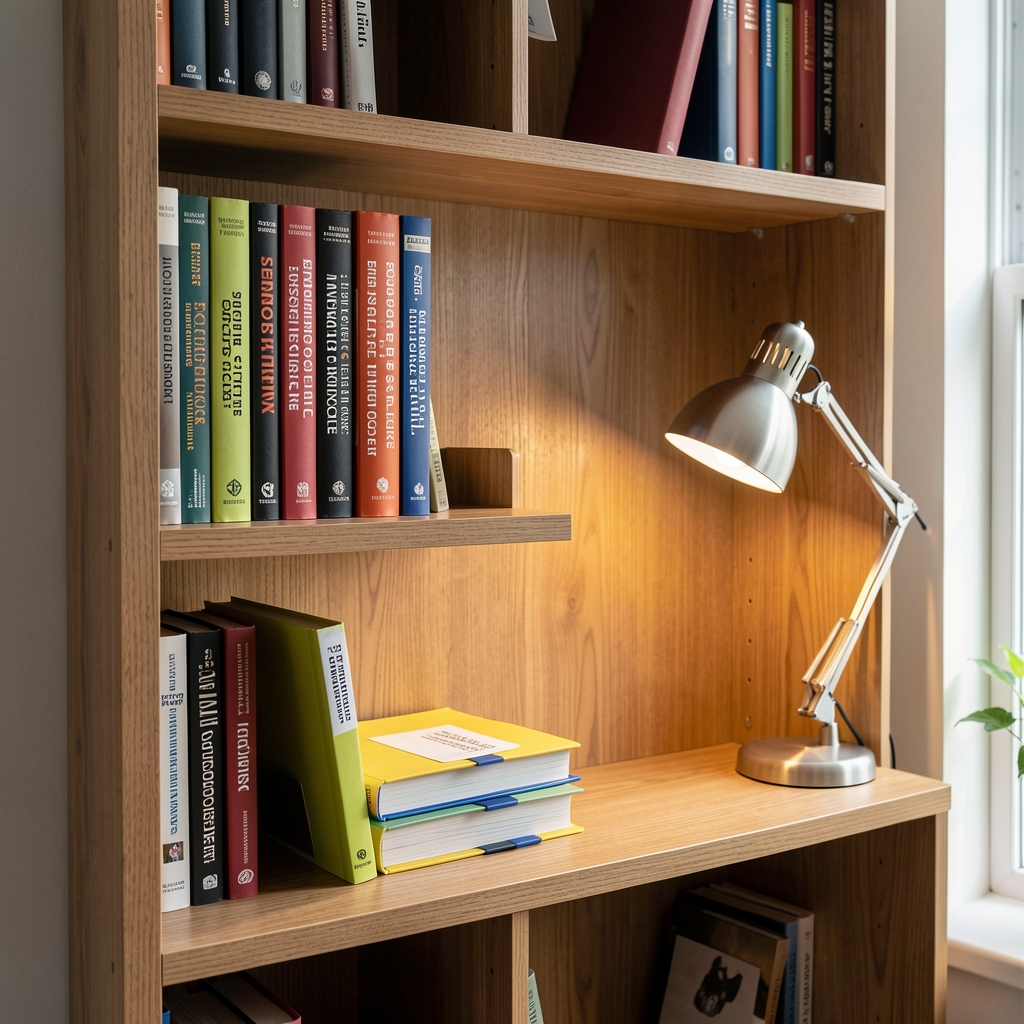 Wooden bookshelf with sports science textbooks, folders and a small desk lamp in a quiet study