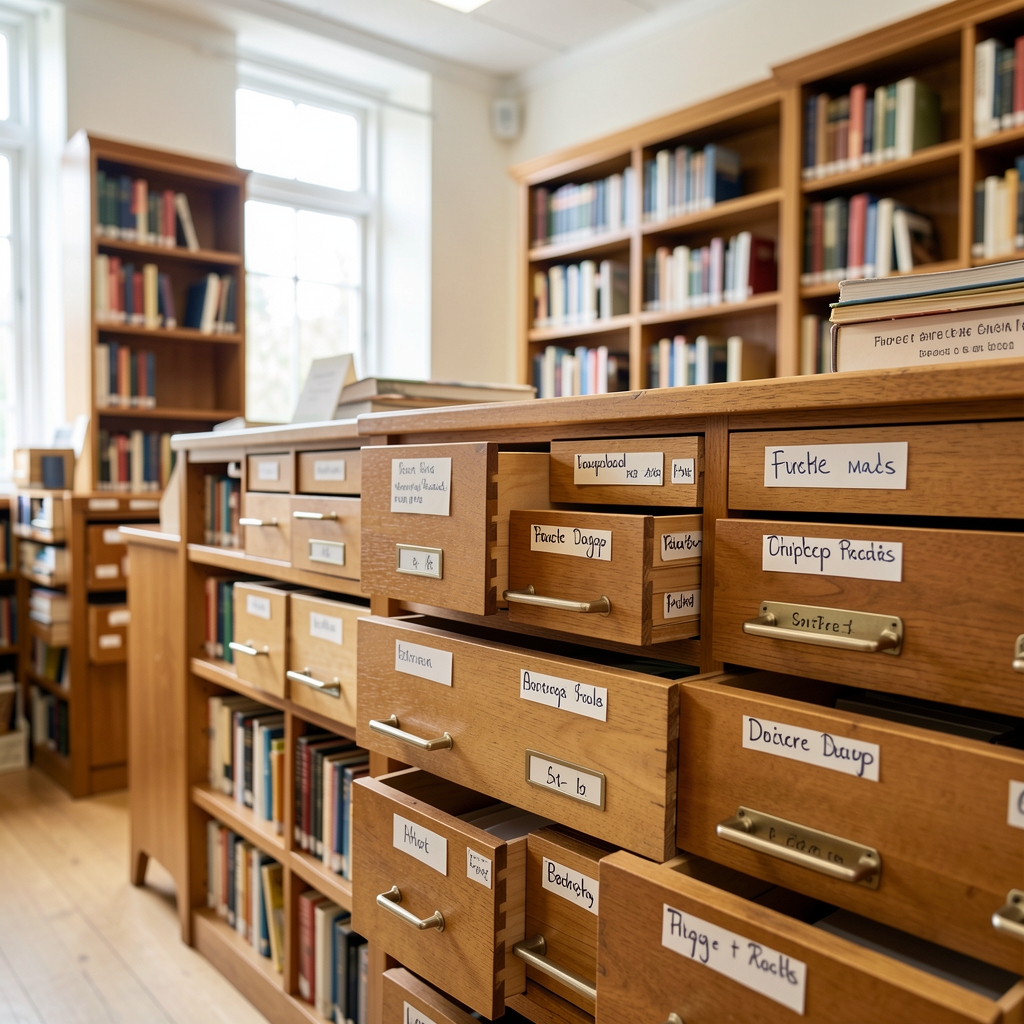 Wooden card catalogue drawers with handwritten index labels in a bright library reading room