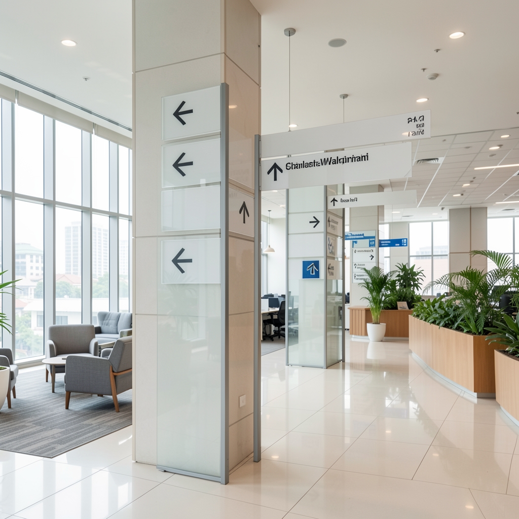 Clear wayfinding signs with arrows in a bright Jakarta office lobby pointing to different floors and departments