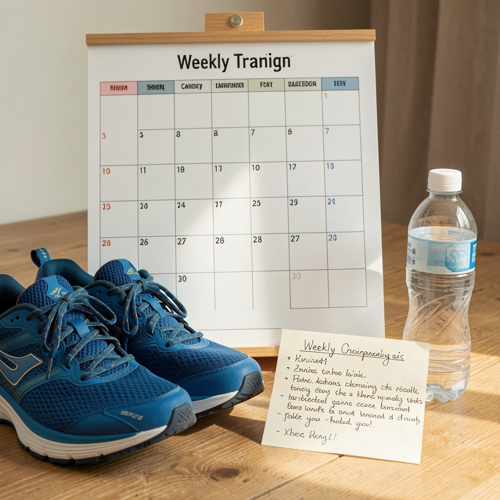 Weekly training calendar with handwritten notes beside running shoes and a water bottle